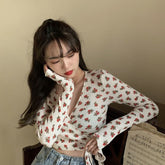 V-Neck Retro Floral Pattern Long Sleeve Slim Shirt